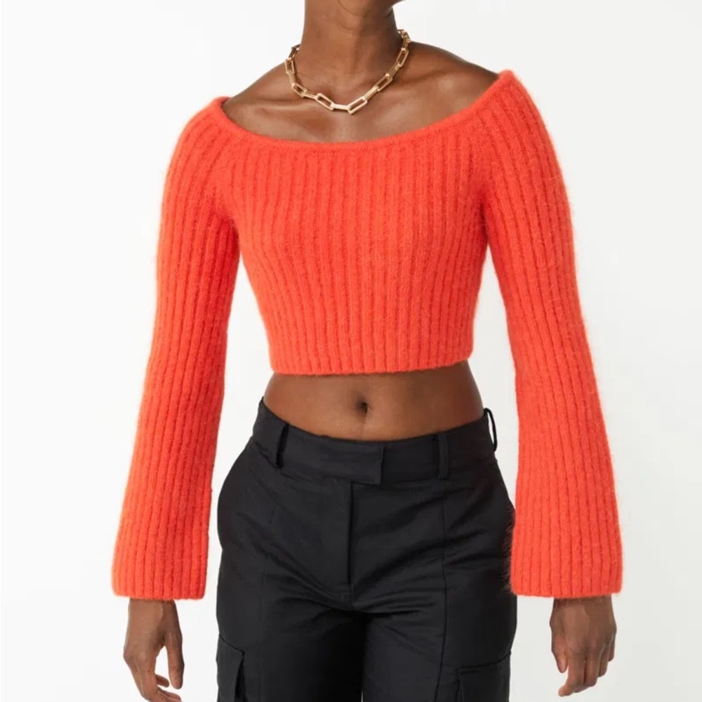 & Other Stories Structured Off Shoulder Crop Sweater Fuzzy Alpaca Wool Orange